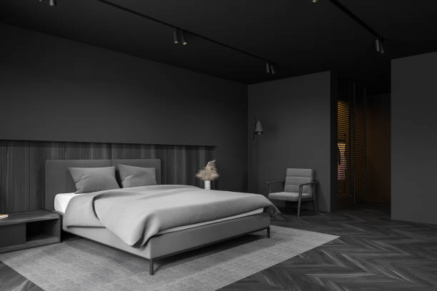 istock Gray master bedroom corner with closet 1215750102