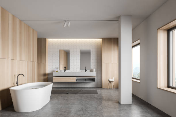 istock White tile and wood bathroom interior 1215750582