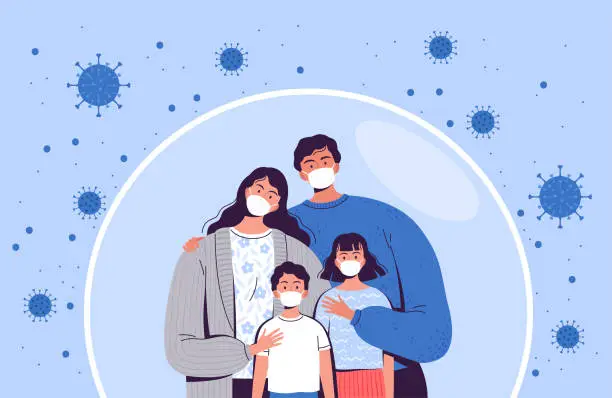Vector illustration of Family in medical masks stands in a protective bubble. Adults and children are protected from the new coronavirus COVID-2019