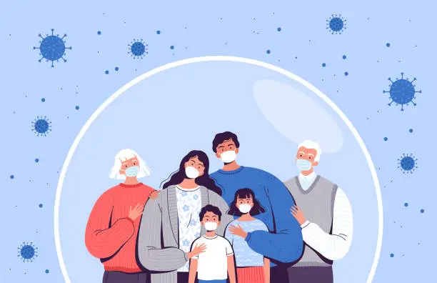 Vector illustration of Family in medical masks stands in a protective bubble. Adults, old people and children are protected from the new coronavirus COVID-2019