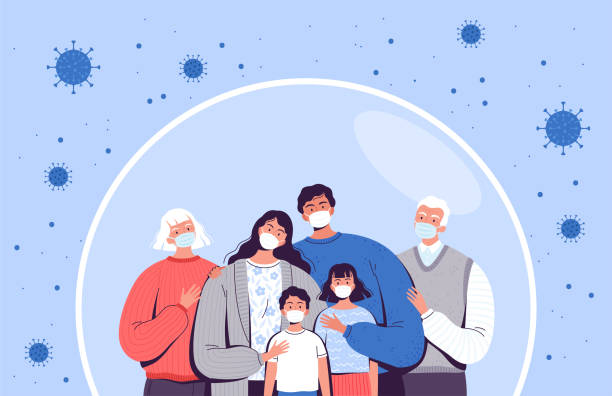 戴著醫用面具的家庭站在一個保護泡泡裡。成人、老人和兒童受到保護,免受新的冠狀病毒covid-2019 - covid 幅插畫檔、美工圖案、卡通及圖標