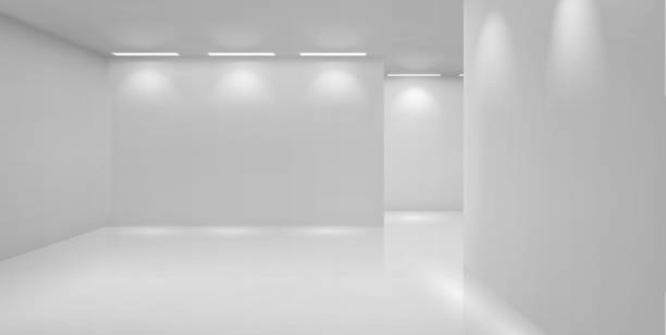 istock Art gallery empty room with white walls and lamps 1215752233