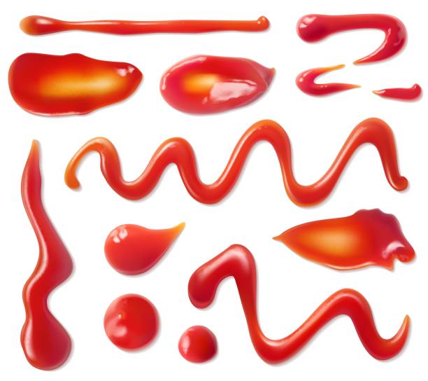 Ketchup stains. Tomato sauce red spots and smears, drops for paste and catsup blobs. Vegetable seasoning sour food realistic 3d vector set Ketchup stains. Tomato sauce red spots and smears, drops for paste and catsup blobs. Vegetable seasoning barbecue sour food realistic 3d vector set savoury sauce stock illustrations