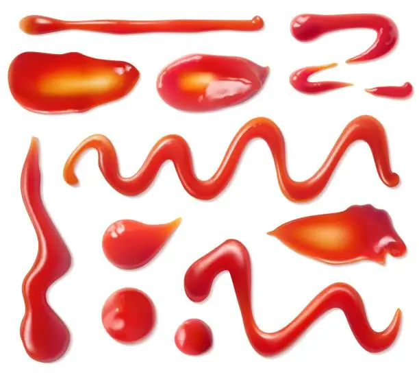 Vector illustration of Ketchup stains. Tomato sauce red spots and smears, drops for paste and catsup blobs. Vegetable seasoning sour food realistic 3d vector set