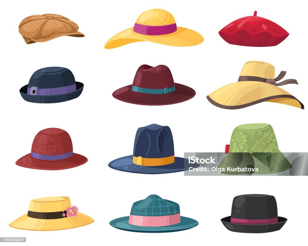 ledningsfri Symphony Geografi Hats And Headgears Stylish Summer Male And Female Headwear Vintage Classic  And Modern Hats Clothes Accessory Colorful Cartoon Vector Set Stock  Illustration - Download Image Now - iStock