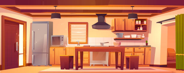 illustrazioni stock, clip art, cartoni animati e icone di tendenza di interno cucina vettoriale in casa rustica - kitchen table
