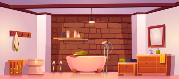Bathroom in rustic house with bath and brick wall Bathroom in rustic house with bath, sink, toilet bowl and wooden furniture. Vector cartoon interior of washroom with brick wall, towels, mirror and cosmetic bottles on shelf bathroom backgrounds stock illustrations