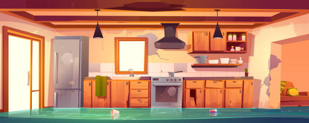 Flooded Rustic Kitchen Abandoned Empty Interior Stock Illustration -  Download Image Now - Kitchen, Old, Stove - iStock