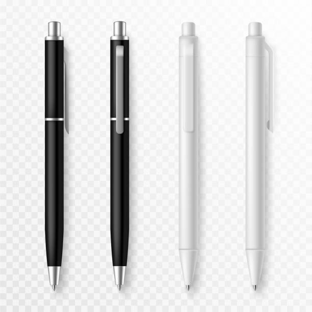 illustrations, cliparts, dessins animés et icônes de une maquette de stylo. les stylos réalistes se rapprochent du modèle, la papeterie de présentation fournit des stylos pour l’identité d’entreprise, ensemble vectoriel de compagnie de bureau - stylo
