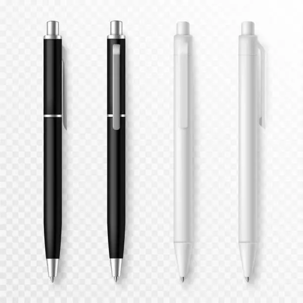 Vector illustration of Pen mockup. Realistic pens close up template, presentation stationery supplies pens for corporate identity, office company vector set