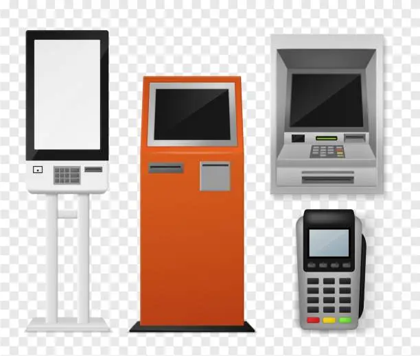Vector illustration of Realistic payment terminal. Atm and self-ordering kiosk, pos payment machine, debit credit card interactive financial 3d vector mockups