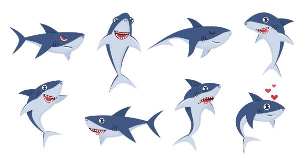 stockillustraties, clipart, cartoons en iconen met beeldverhaalhaaien. komische haaiendieren, schattige karakteremoties, enge kaken en onderwateroceaanvissen vrolijke mascotte voor kinderen vectorreeks - toy shark