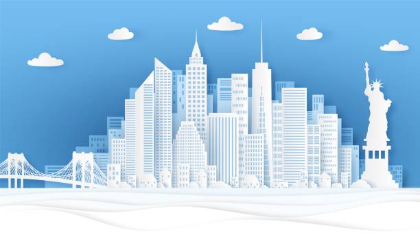 뉴욕 종이 컷. 종이 접기 스타일, 여행 포스터 또는 엽서, 인사말 카드 벡터 배경에 뉴욕시의 파노라마 유명한 랜드 마크 - new york city new york state skyline winter stock illustrations