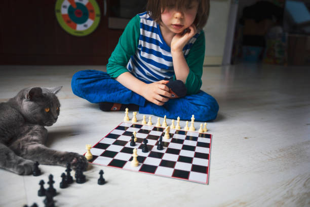 istock Little boy playing chess. Cat next to him. 1215754627
