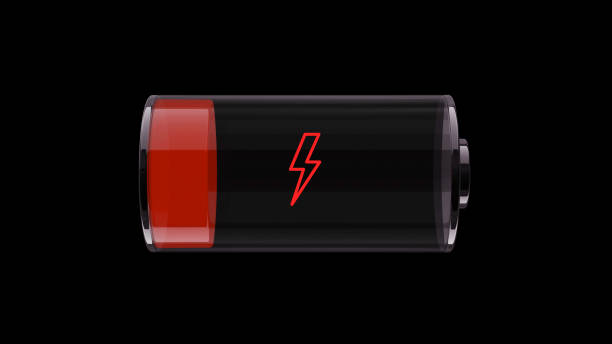 istock Low red battery indicator and lightning bolt on black background 1215755650