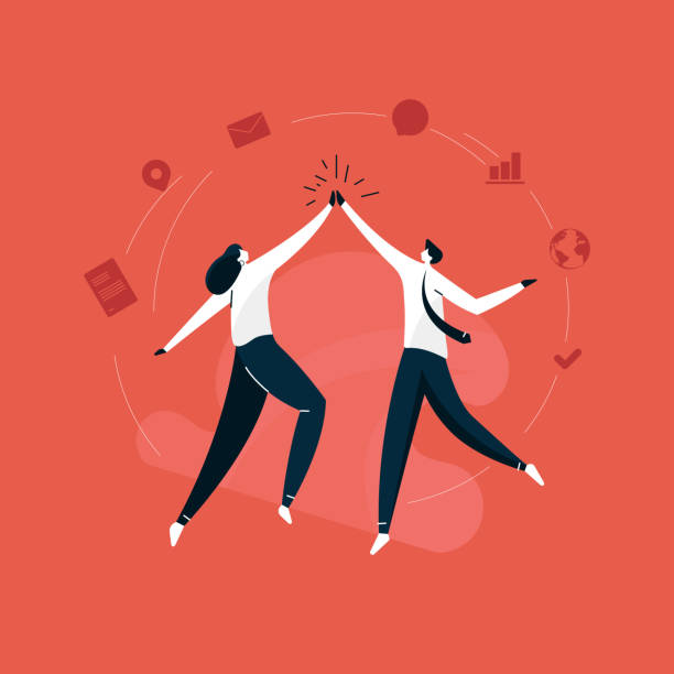 ilustrações de stock, clip art, desenhos animados e ícones de young businessman and business women giving a high five vector, business success celebration illustration, hands in a gesture - team human hand cheerful close up