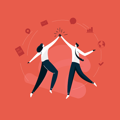 young businessman and business women giving a high five vector, business success celebration illustration, hands in a gesture