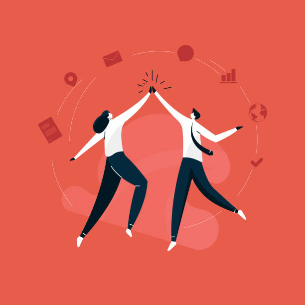 young businessman and business women giving a high five vector, business success celebration illustration, hands in a gesture young businessman and business women giving a high five vector, business success celebration illustration, hands in a gesture cheering illustrations stock illustrations