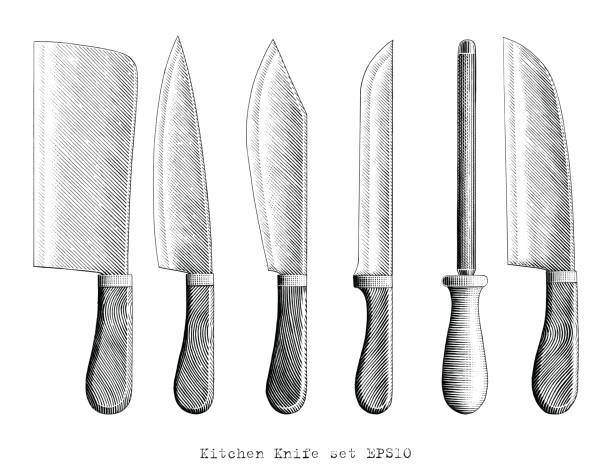 Kitchen Knife illustration hand draw vintage engraving style black and white clip art isolated on white background