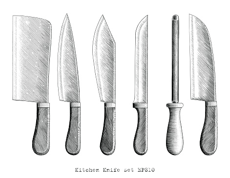 Kitchen Knife illustration hand draw vintage engraving style black and white clip art isolated on white background