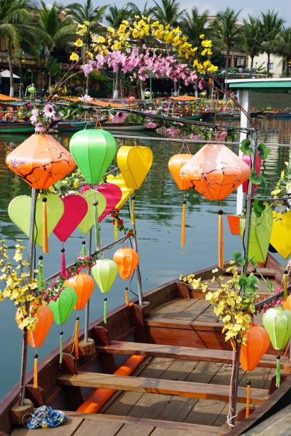 amazing asia typical colorful lantern boats on thu bon river in hoi an thu bon river stock pictures, royalty-free photos & images