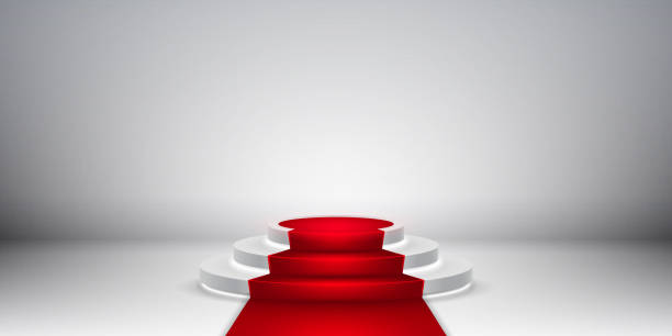 istock Round stage podium. Stage vector backdrop. Festive podium scene with red carpet for award ceremony. Vector illustration 1215761385