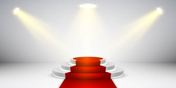 istock Round stage podium with light. Stage vector backdrop. Festive podium scene with red carpet for award ceremony. Vector illustration 1215761460