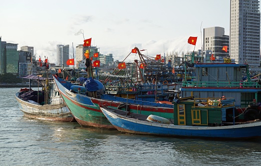 colorful fisher boats in da nang in vietnam