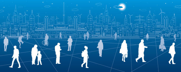 Life in Quarantine. A lot of people distance walk around the square, against the background of a modern city, vector design art Life in Quarantine. A lot of people distance walk around the square, against the background of a modern city, vector design art blueprint silhouettes stock illustrations
