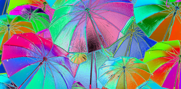 3d, paraguas de colores libres vuelan al cielo - rainbow umbrella descriptive color multi colored fotografías e imágenes de stock
