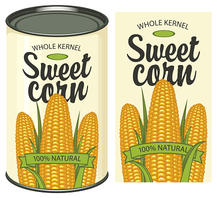 Vector banner for canned sweet corn with label and tin can. Label design with a three corn cobs and inscription on a light background. Canned food during quarantine, long-term storage product