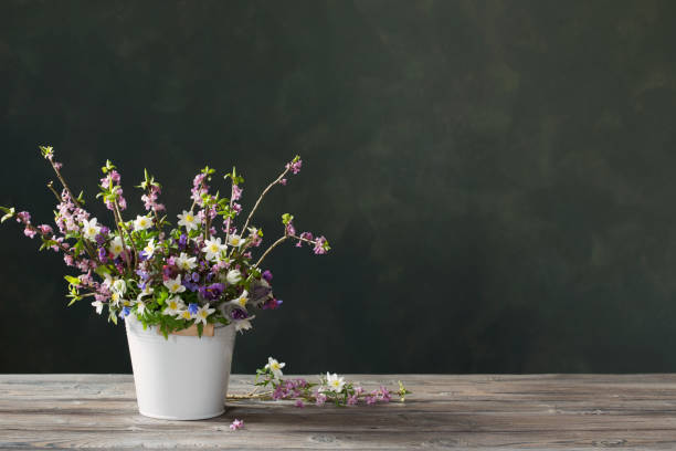 istock beautiful spring flowers on background dark wall 1215765535