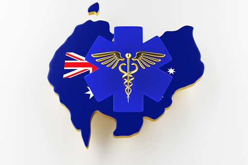 Caduceus sign with snakes on a medical star. Map of Australia land border with flag. Australia map on white background. 3d rendering