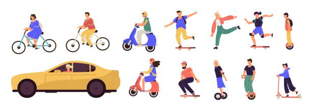 ilustrações de stock, clip art, desenhos animados e ícones de people riding. cartoon characters on modern electric city transport, longboard scooter bicycle unicycle. vector personal transporters - roller skate