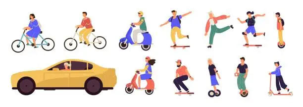 Vector illustration of People riding. Cartoon characters on modern electric city transport, longboard scooter bicycle unicycle. Vector personal transporters