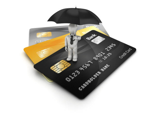 istock Credit Cards with Cartoon Character with Umbrella - 3D Rendering 1215768182