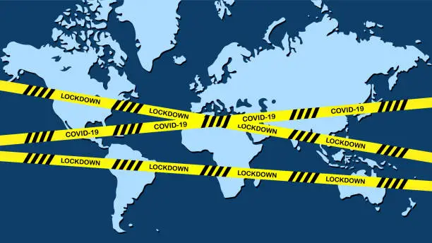 Vector illustration of all the world Lock down and stay at home with cross line. lock down and Physical Distancing to avoid spreading the virus covid-19. world locked down.