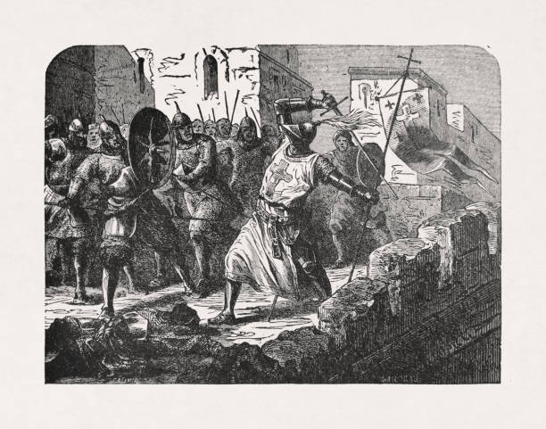 Old illustration depicting a Knight Templar Old illustration depicting a Knight Templar fighting the Saracens in Jerusalem by "Casimir" published in 1885. knights templar stock illustrations