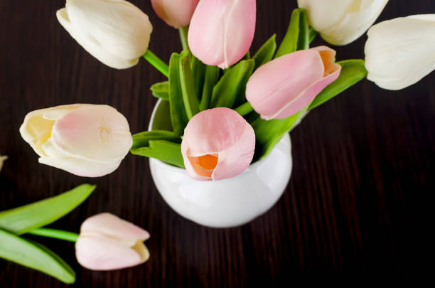 istock Beautiful Fresh pink and white tulips bouquet 1215769521