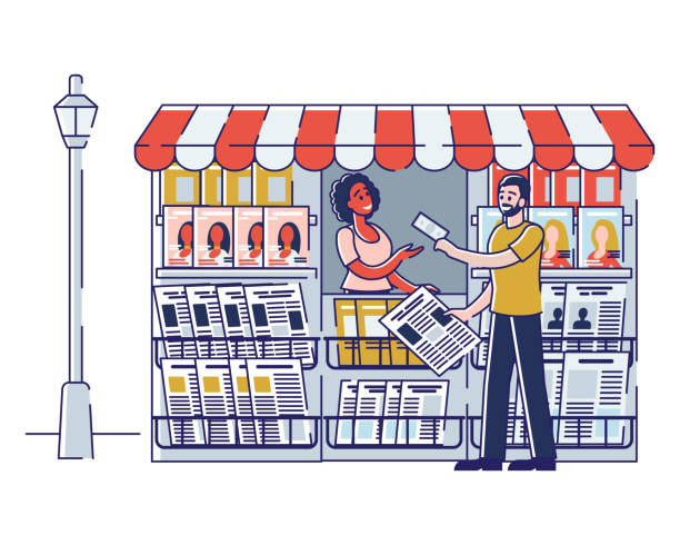 Concept Of Newsstand. Woman Seller Is Selling Newspapers And Magazines In Press Kiosk. Female Character Selling Fresh Press in Booth on Street. Cartoon Linear Outline Flat Style. Vector Illustration Concept Of Newsstand. Woman Seller Is Selling Newspapers And Magazines In Press Kiosk. Female Character Selling Fresh Press in Booth on Street. Cartoon Linear Outline Flat Style. Vector Illustration news stand stock illustrations