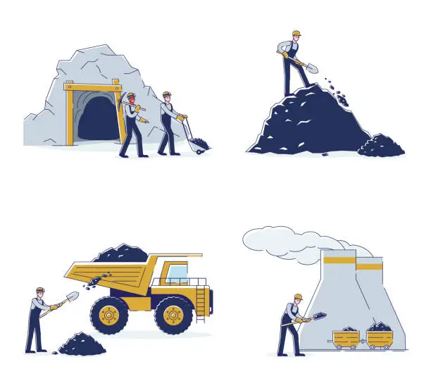 Vector illustration of Concept Of Coal Mining. Work Crew Mine Coal By Means Equipment And Transport For Further Delivery To The Thermal Power Plant And Warehouse. Cartoon Linear Outline Flat Style. Vector Illustrations Set