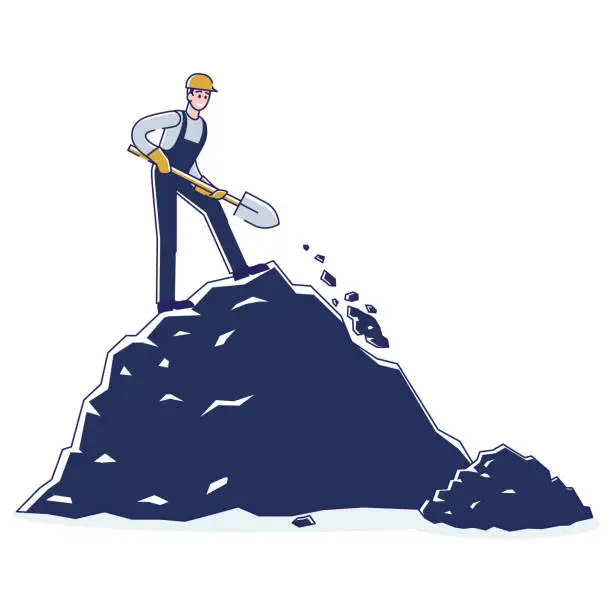 Vector illustration of Coal Mining, Extraction Industry Concept. Miner Is Mining Minerals Standing On The Coal Rock By Means Shovel. Extraction Industry. Man Work in Quarry. Cartoon Linear Outline Flat Vector Illustration