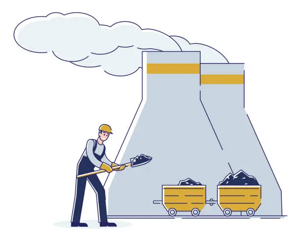 Vector illustration of Concept Of Coal Mining, Extractor Industry. Miner Mine And Load Coal Into The Trolley By Means Shovel For The Further Delivery To Thermal Power Plant. Cartoon Linear Outline Flat Vector Illustration