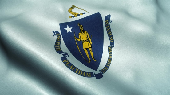 Bandera del estado de Massachusetts ondeando en el viento. Bandera nacional de Massachusetts. Signo del estado de Massachusetts. Ilustración 3d photo