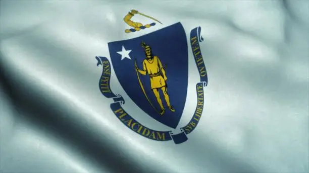 Massachusetts State flag waving in the wind. National flag of Massachusetts. Sign of Massachusetts State. 3d illustration.