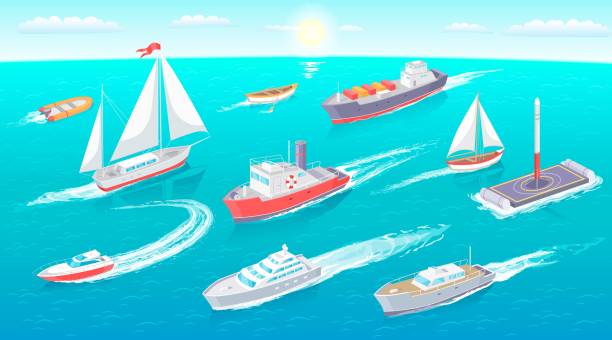 ilustraciones, imágenes clip art, dibujos animados e iconos de stock de ilustración vectorial de la colección de transporte de agua - sea water single object sailboat