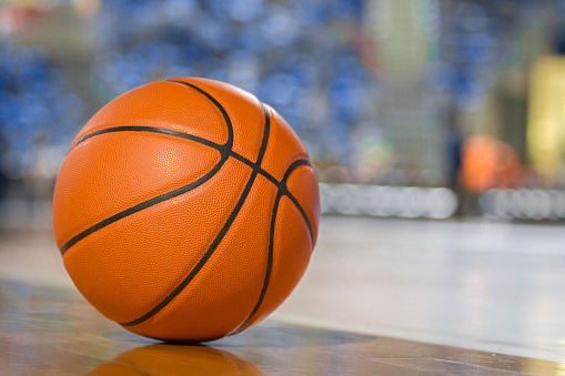 Close-up of basketball on court in Arena Stozice, Ljubljana, Slovenia.