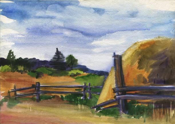 istock Etude Rural landscape with hay stack. Field, sky, fence. Watercolor drawing. 1215778111