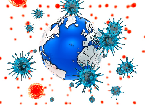 Coronavirus covid-19 2019-nCoV over globe\nMap: https://visibleearth.nasa.gov