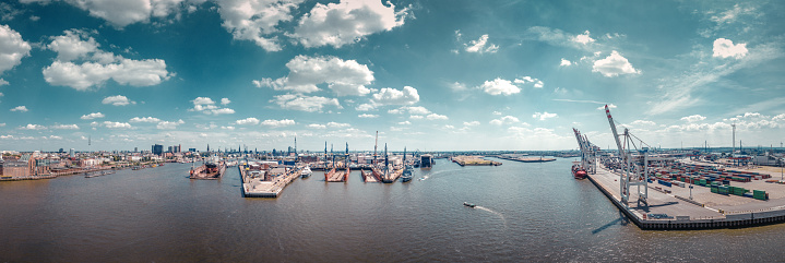 Aerial view of the port of Hamburg with container terminal in good weather